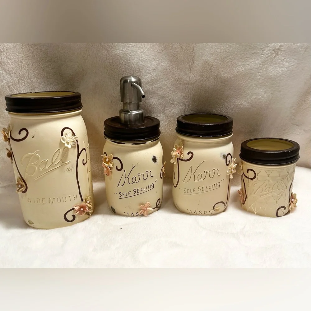 Rustic Farmhouse Mason Ball Kerr Jar 4 Pc Bathroom Set Ivory Chalk Paint